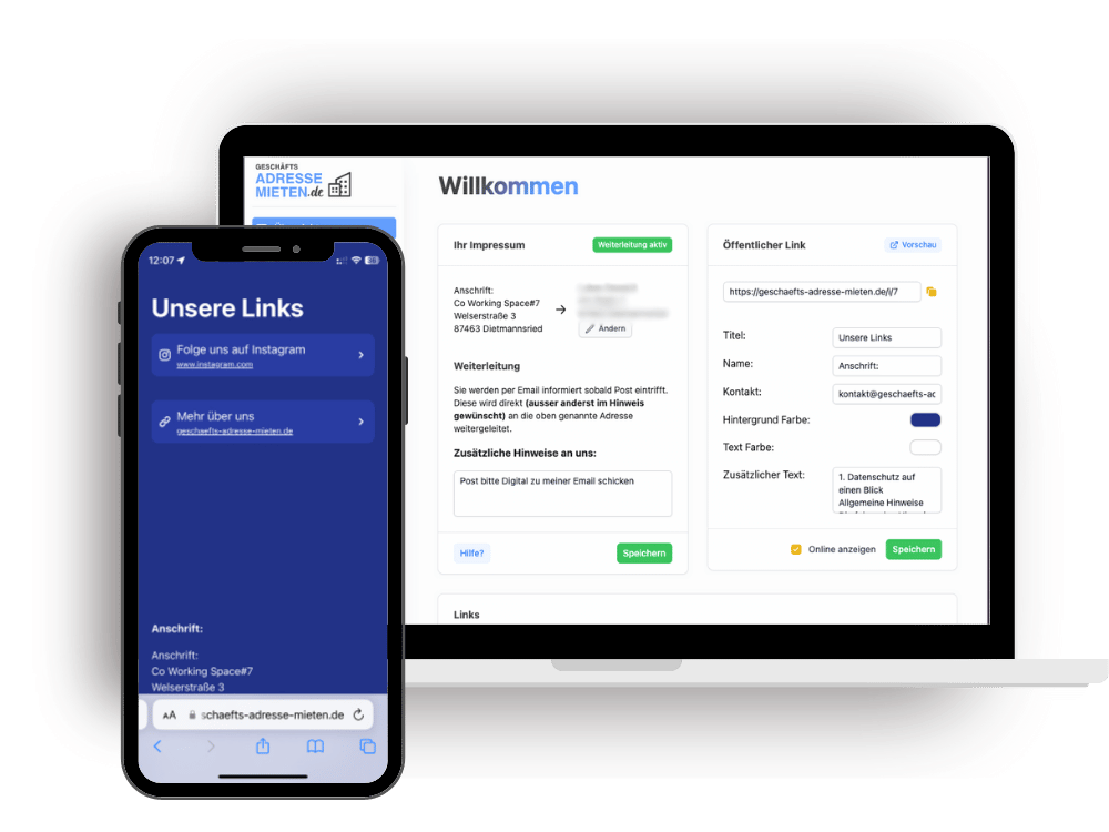 Dashboard für Geschäftsadresse, Postweiterleitung und Einstellungen